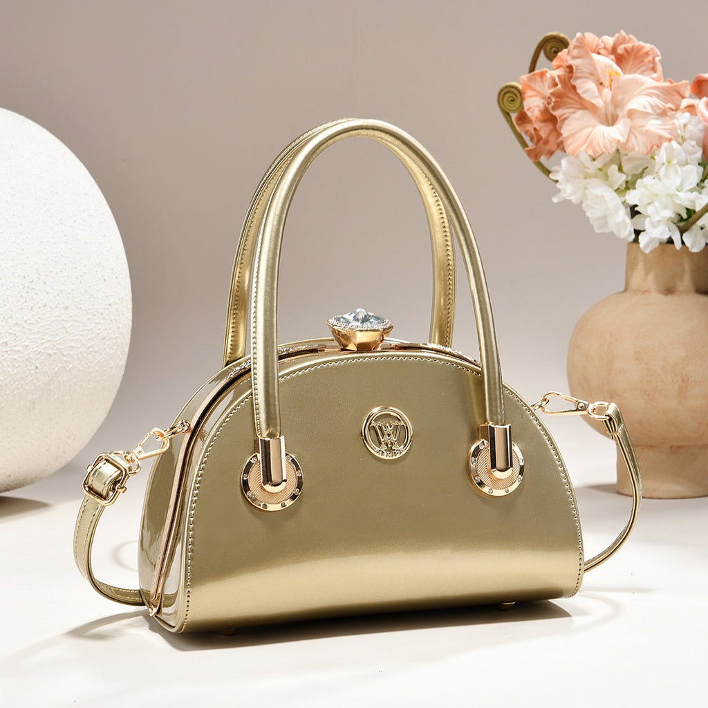 Womens Gold-trimmed Handbag Light-luxury Glossy-leather Shell Bag - Elan Signature