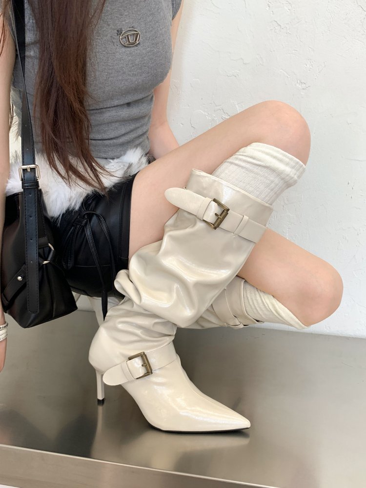 Women's Vintage Pointed Toe Elegant Ruched Slouch Boots, Slimming High Heel Knight Boots, Belt Buckle Slim Tall Boots - Elan Signature